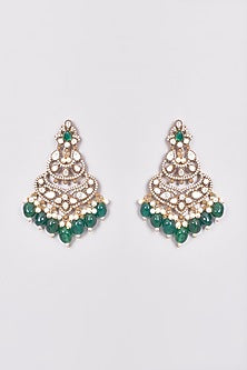 Gold Finish Kundan Polki & Green Synthetic Stone Dangler Earrings