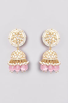 Gold Finish Kundan Polki & Pink Bead Drop Jhumka Earrings