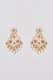 Gold Finish Kundan Polki & Multi-Colored Stone Chandbali Earrings