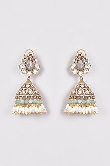 Gold Finish Kundan Polki & Green Drop Jhumka Earrings
