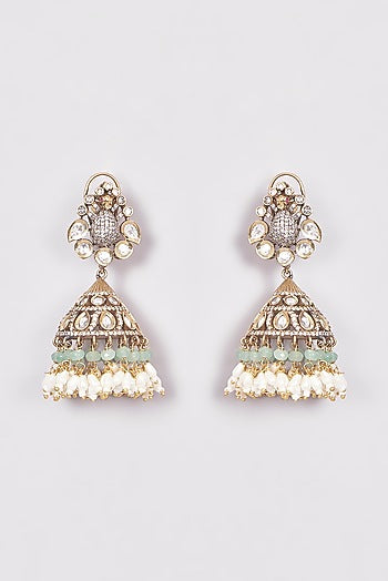 Gold Finish Kundan Polki & Green Drop Jhumka Earrings