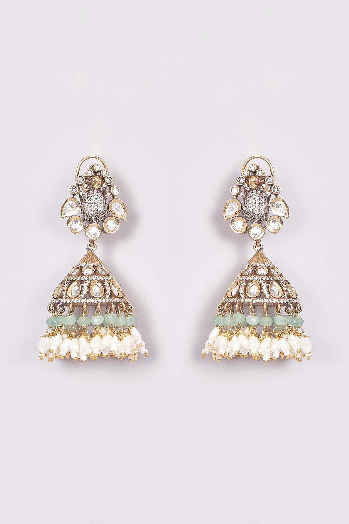 Gold Finish Kundan Polki & Green Drop Jhumka Earrings