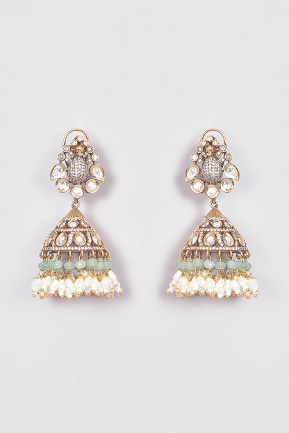 Gold Finish Kundan Polki & Green Drop Jhumka Earrings