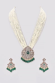 Black Rhodium Finish Kundan Polki & Pearl Long Necklace Set