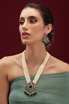 Black Rhodium Finish Kundan Polki & Pearl Long Necklace Set