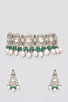Two Tone Finish Kundan Polki & Pearl Choker Necklace Set