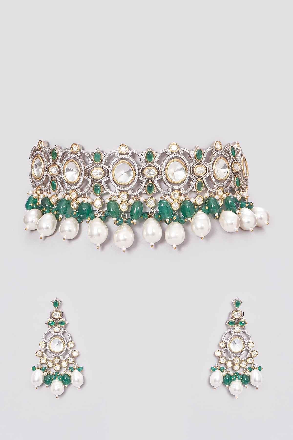 Two Tone Finish Kundan Polki & Pearl Choker Necklace Set