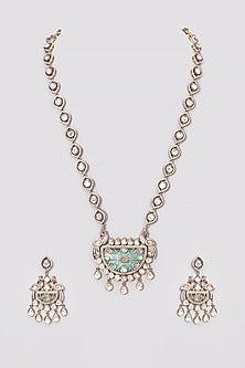 Two Tone Finish Kundan Polki & Green Stone Long Necklace Set