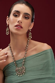 Two Tone Finish Kundan Polki & Green Stone Long Necklace Set