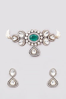 Black Rhodium Finish Kundan Polki & Pearl Choker Necklace Set