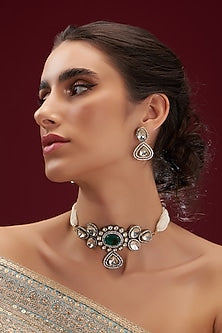 Black Rhodium Finish Kundan Polki & Pearl Choker Necklace Set