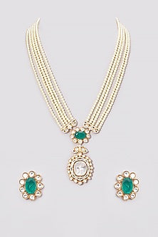 Gold Finish Kundan Polki & Pearl Long Necklace Set