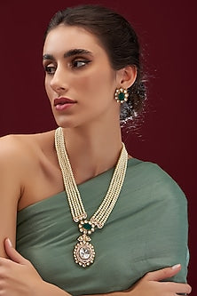 Gold Finish Kundan Polki & Pearl Long Necklace Set