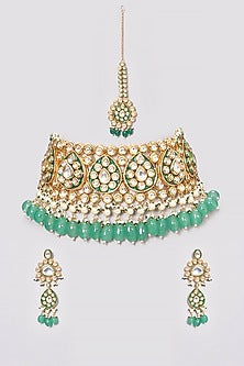 Gold Finish Kundan Polki & Green Beaded Necklace Set