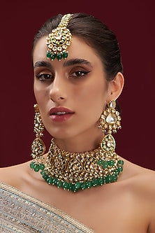 Gold Finish Kundan Polki & Green Beaded Necklace Set