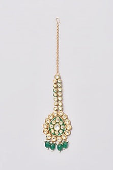 Gold Finish Kundan Polki & Green Beaded Necklace Set