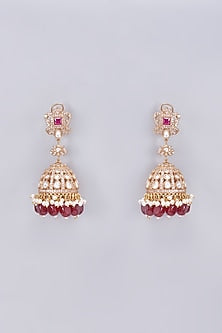 Gold Finish Kundan Polki & Red Beaded Jhumka Earrings