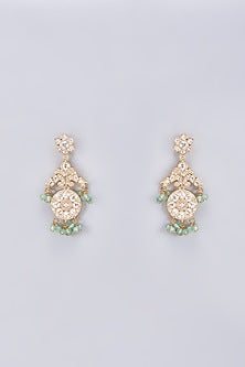 Gold Finish Kundan Polki & Green Beaded Dangler Earrings