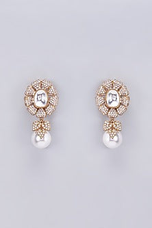 Gold Finish Kundan Polki & Pearl Dangler Earrings