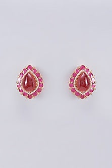 Gold Finish Kundan Polki & Red Stone Stud Earrings