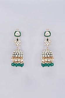 Gold Finish Kundan Polki & Green Beaded Jhumka Earrings