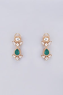 Gold Finish Kundan Polki & Green Stone Dangler Earrings