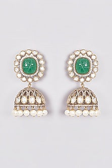 Two Tone Finish Kundan Polki & Emerald Stone Jhumka Earrings