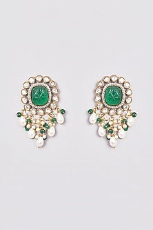 Gold Finish Kundan Polki & Green Stone Dangler Earrings