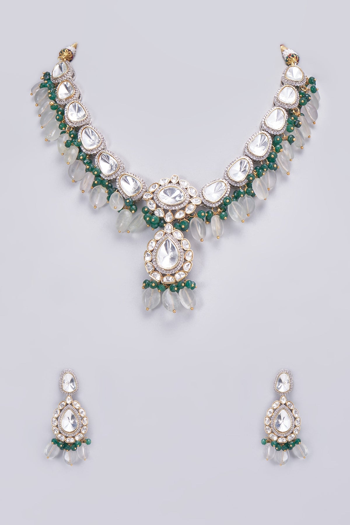 Gold Finish Kundan Polki & Emerald Necklace Set