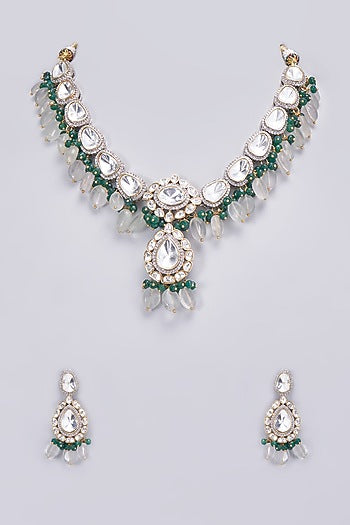 Gold Finish Kundan Polki & Emerald Necklace Set
