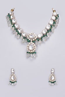 Gold Finish Kundan Polki & Emerald Necklace Set