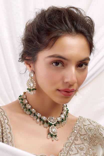 Gold Finish Kundan Polki & Emerald Necklace Set
