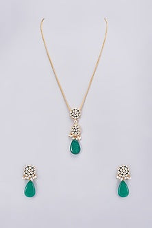 Gold Finish Kundan Polki & Emerald Long Necklace Set