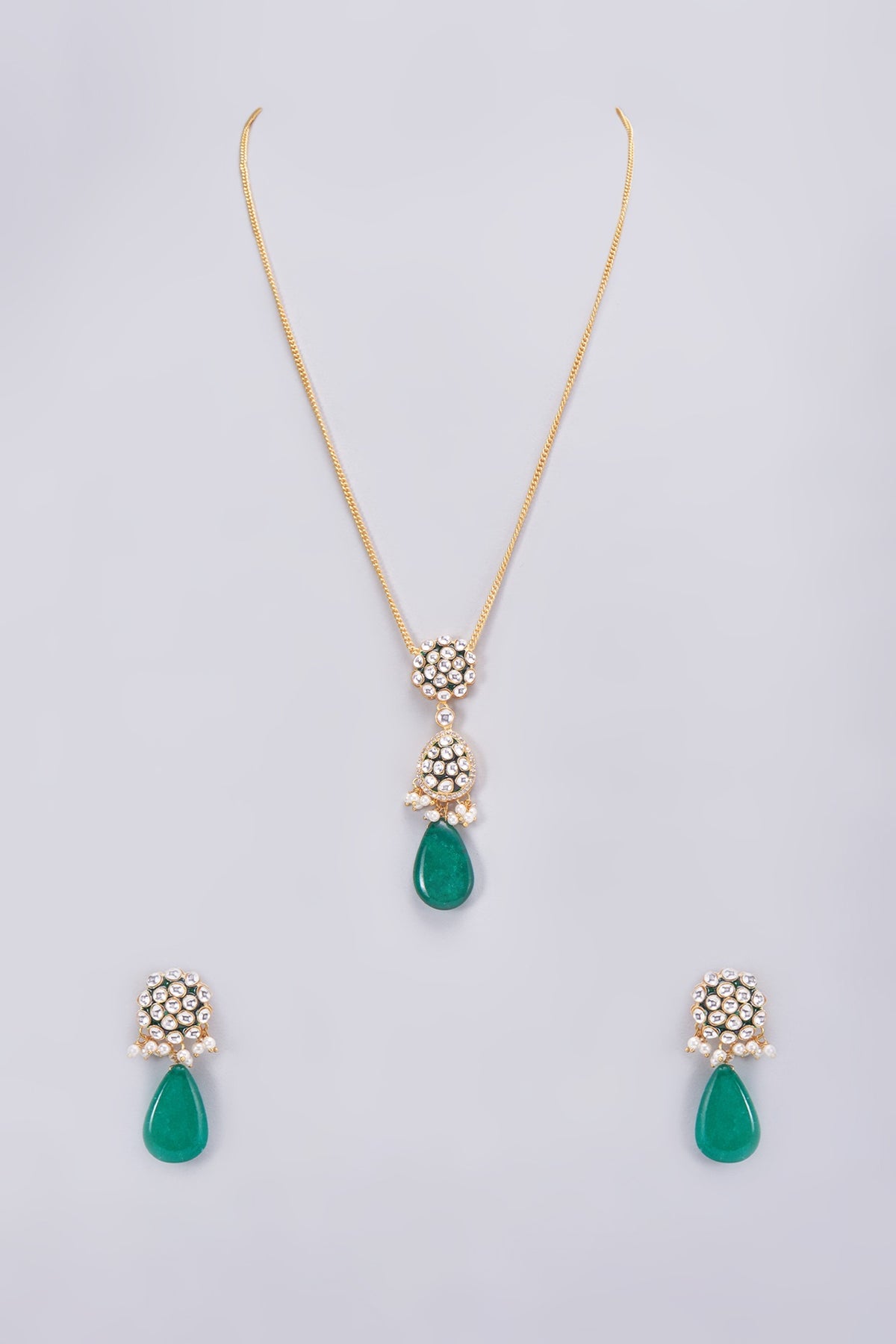 Gold Finish Kundan Polki & Emerald Long Necklace Set