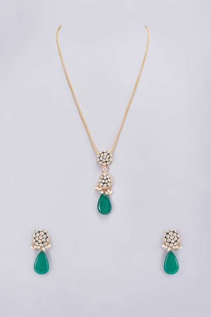 Gold Finish Kundan Polki & Emerald Long Necklace Set