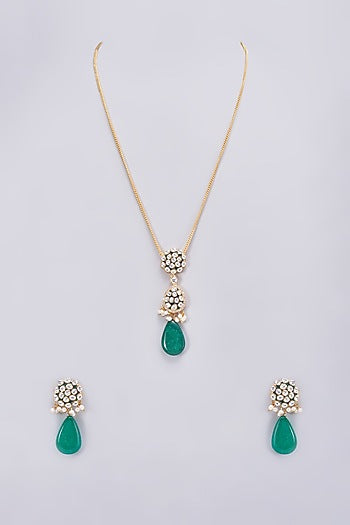 Gold Finish Kundan Polki & Emerald Long Necklace Set