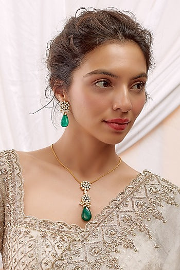 Gold Finish Kundan Polki & Emerald Long Necklace Set