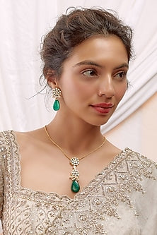 Gold Finish Kundan Polki & Emerald Long Necklace Set