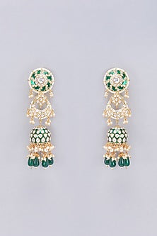 Gold Finish Kundan Polki & Green Beaded Jhumka Earrings