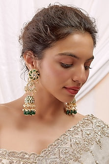 Gold Finish Kundan Polki & Green Beaded Jhumka Earrings