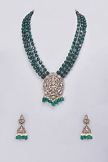 Gold Finish Kundan Polki & Emerald Long Necklace Set