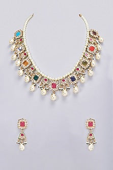 Gold Finish Multi-Colored Stone & Pearl Long Necklace Set