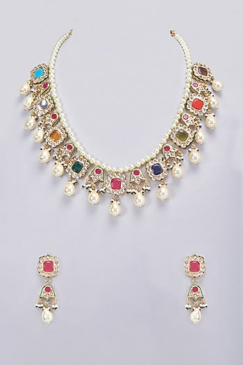 Gold Finish Multi-Colored Stone & Pearl Long Necklace Set