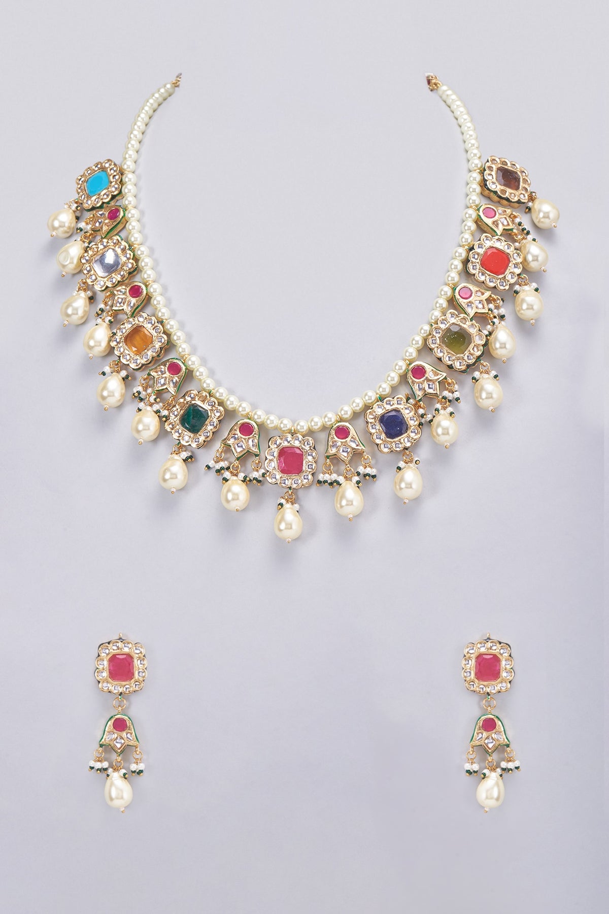 Gold Finish Multi-Colored Stone & Pearl Long Necklace Set