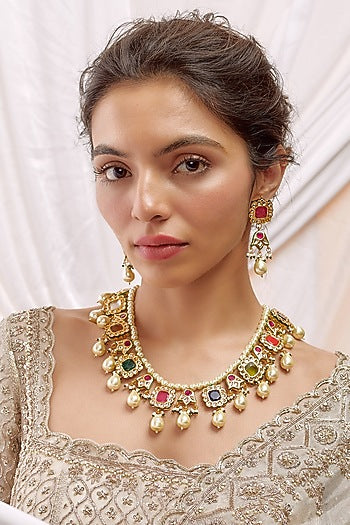 Gold Finish Multi-Colored Stone & Pearl Long Necklace Set
