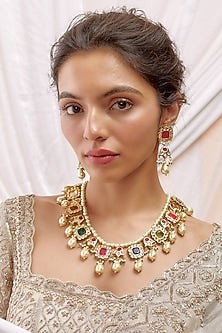 Gold Finish Multi-Colored Stone & Pearl Long Necklace Set