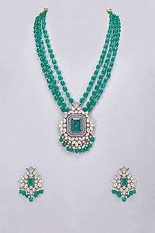 Gold Finish Kundan Polki & Emerald Long Necklace Set