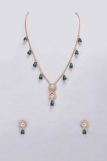 Gold Finish Kundan Polki & Emerald Long Necklace Set