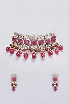 Gold Finish Kundan Polki & Red Beaded Choker Necklace Set