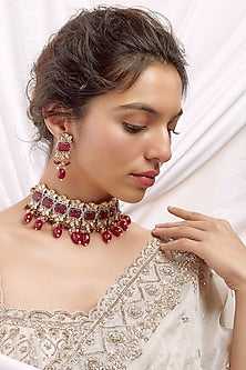 Gold Finish Kundan Polki & Red Beaded Choker Necklace Set